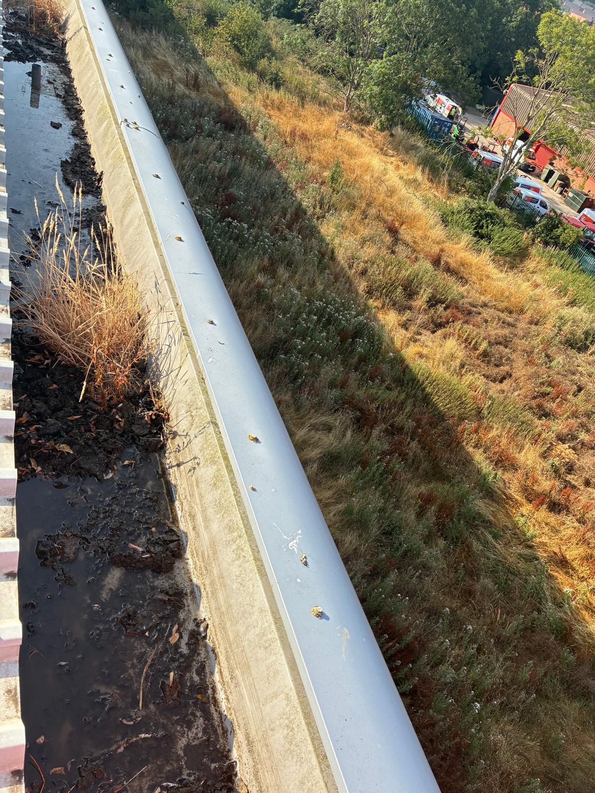 Overview of the full box gutter run on the distribution warehouse roof showing the length of the channel that required clearing
