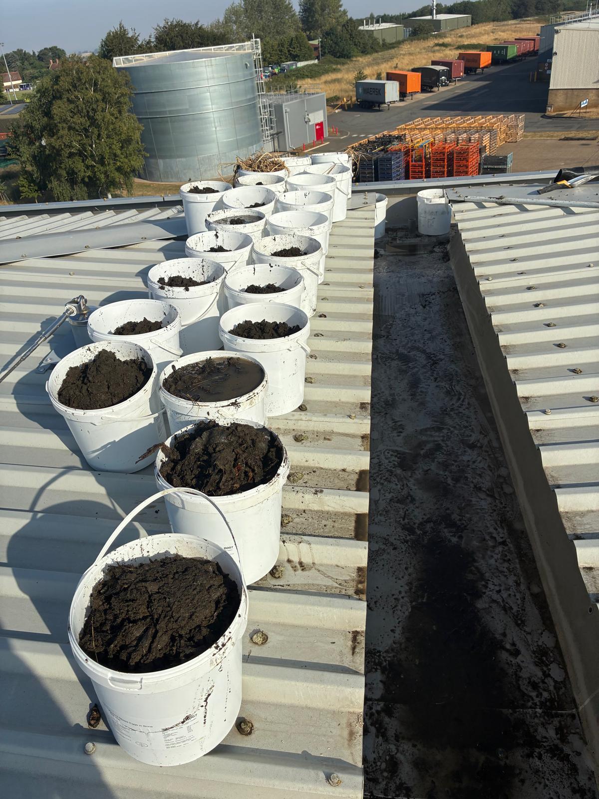 Standing water and dark waterlogged organic sludge in warehouse box gutter channel alongside compacted silt